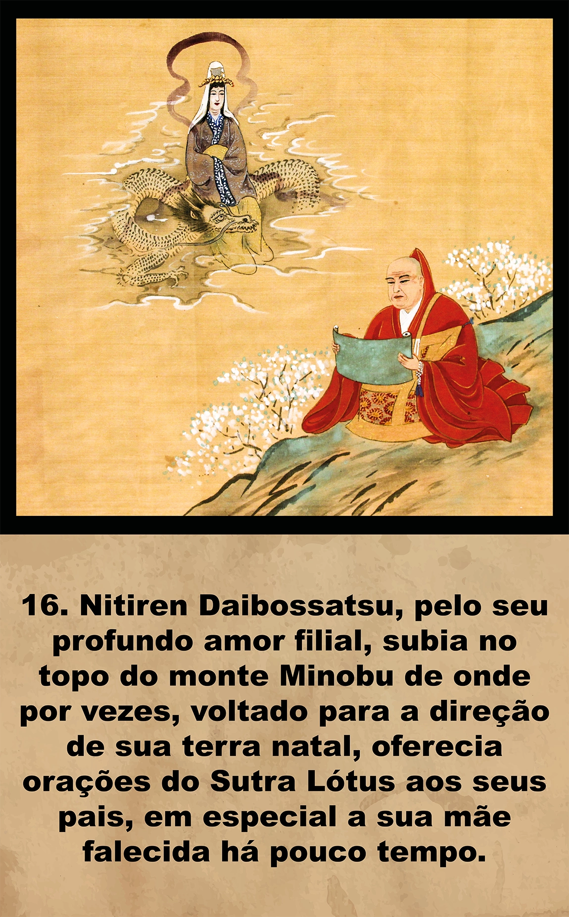 Nitiren no monte Minobu oferecendo orações sua mãe